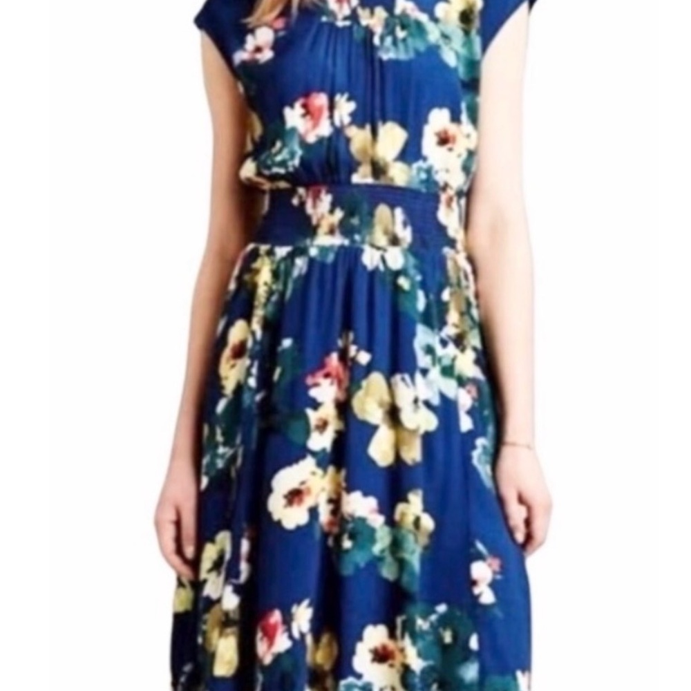 Floral Navy Cap-Sleeve Midi Dress
